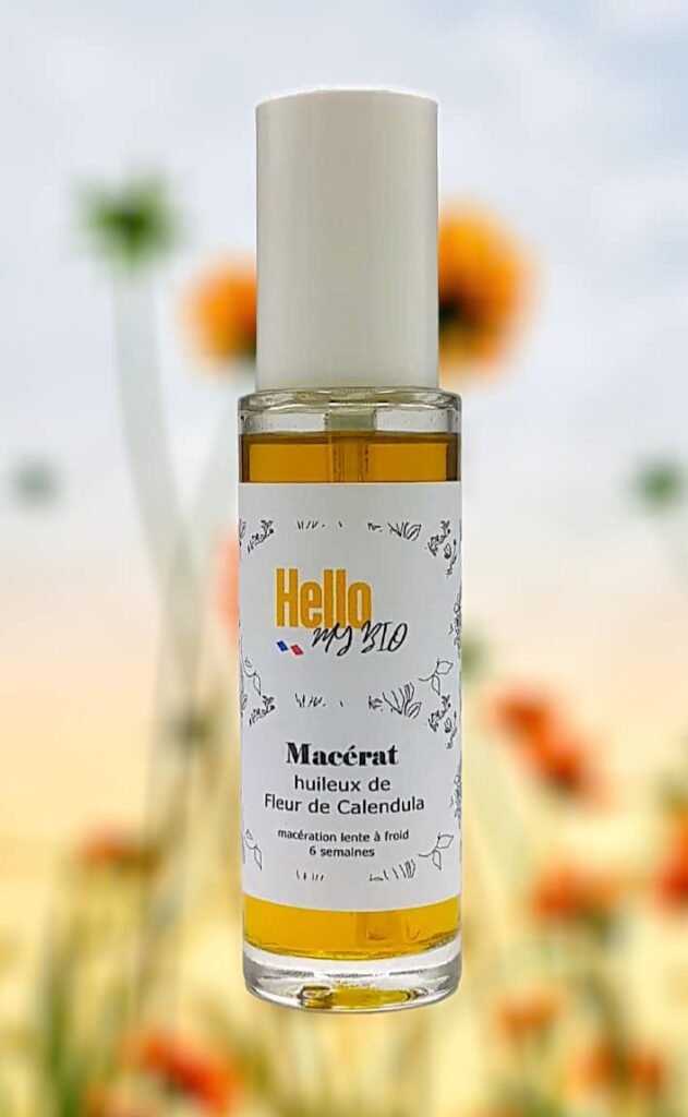 a bottle of calendula oil with a white label